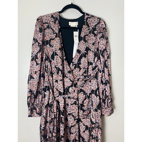 ANTHROPOLOGIE DRESS CABALLERO WRAP MIDI METALLIC FLORAL BLACK CORAL TAN FALL - Picture 6 of 16